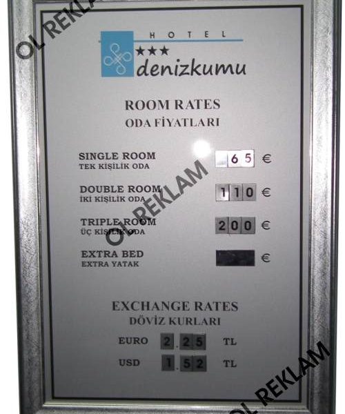 Otel Fiyat Panosu, gümüş renk